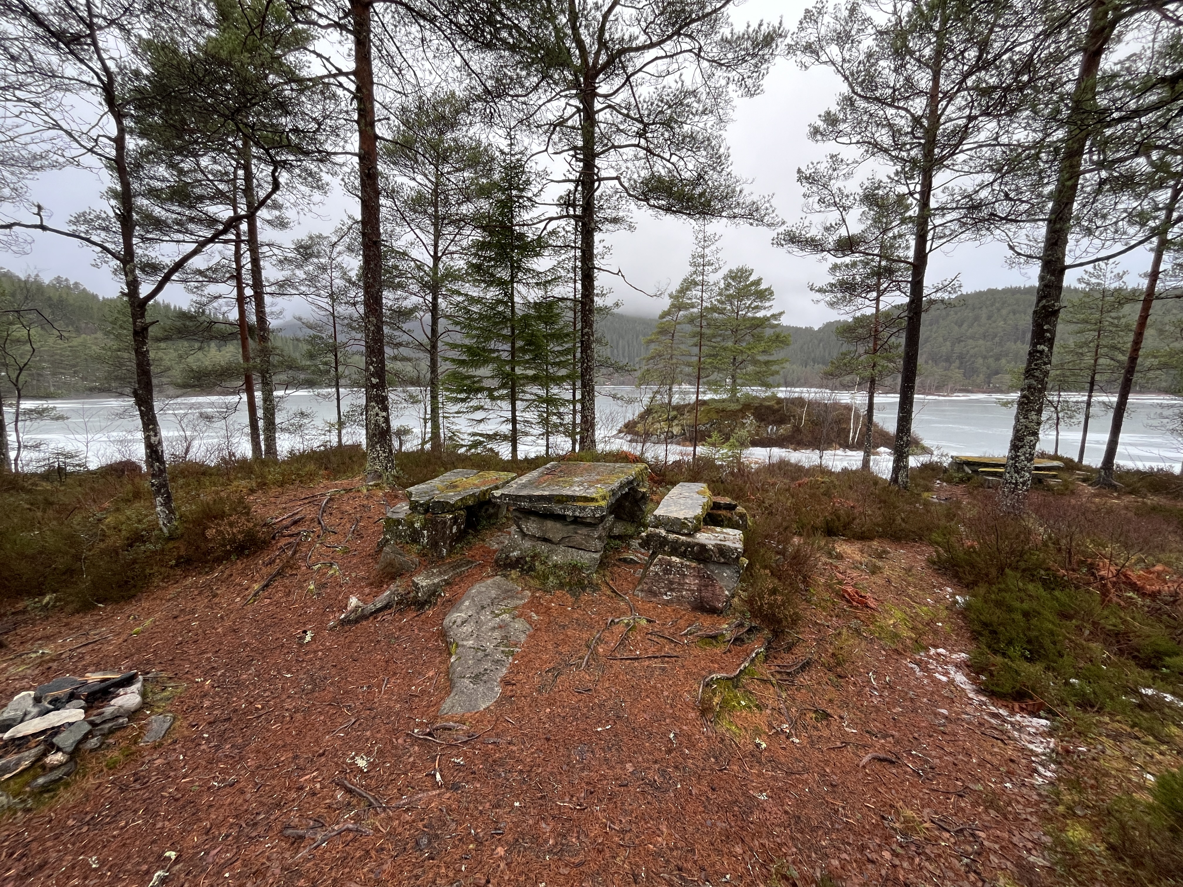 ein bålplass med benk og utsyn mot vatn