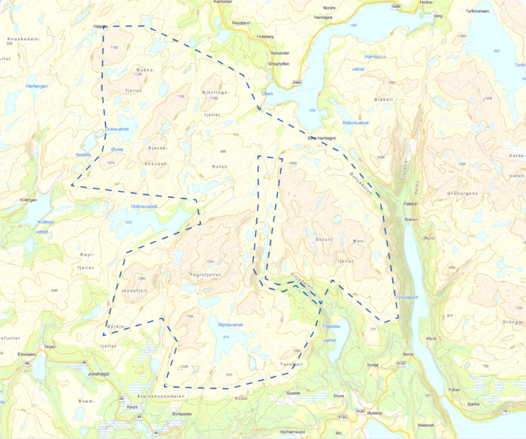 Skisse til utgreiingsområde for Øystese nasjonalpark (stipla linje). Kommunegrenser med grå strek. Fordi vi er heilt i startfasen av arbeidet, er verken utgreiingsområde eller forslag til vernegrense avgjort. 