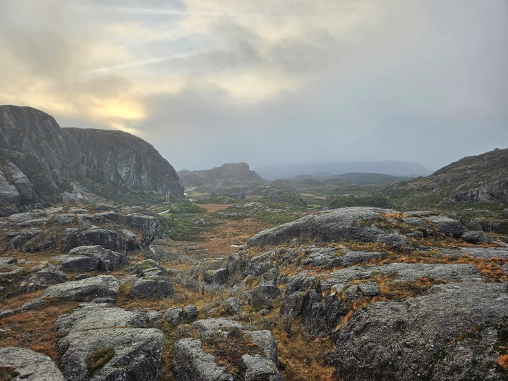eit landskap med berg og flekker av vegetasjon med lågt skydekke over