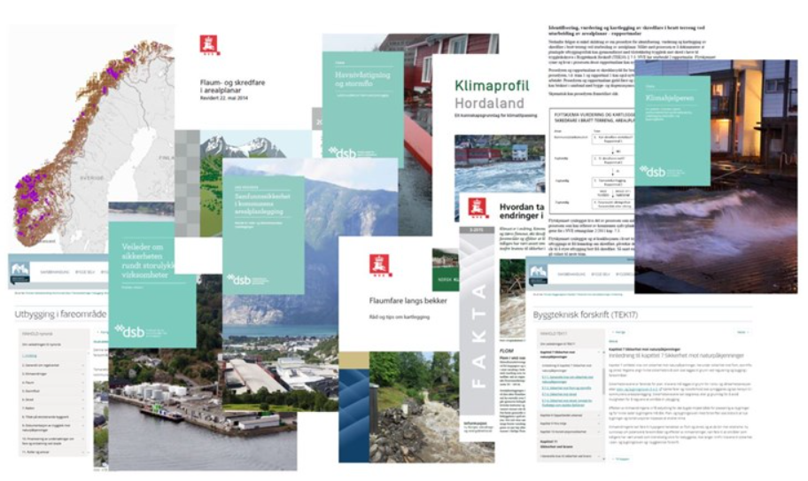 Illustrasjonsbilete sett saman av framside på fleire ulike rettleiingsdokument frå DSB, NVE, DIBK og Norsk klimaservicesenter