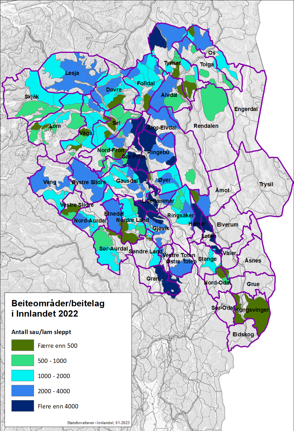 Kart som viser hvor mange sau og lam som er sluppet i de ulike beiteområdene i Innlandet i 2022