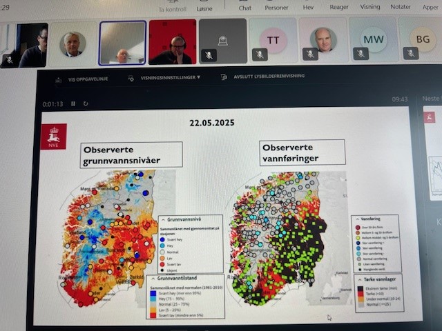 Skjermdump fra teamsmøte kommunemøte. Bildet viser grunnvannstanden i Innlandet.