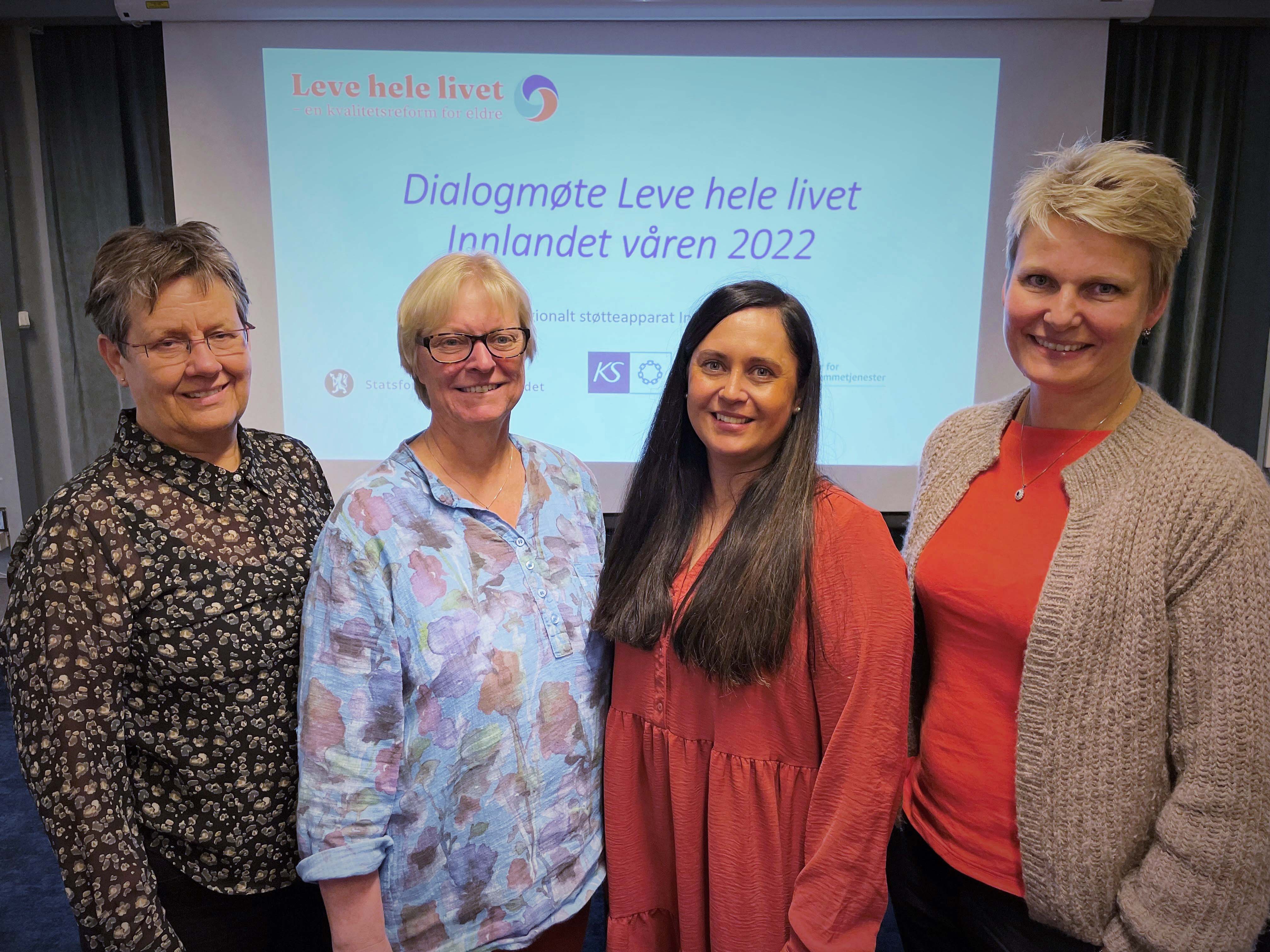 Regionalt støtteapparat for Leve hele livet består av Irene Mari Røen (USHT), Målfrid Schiager (USHT), Anja Kolbu Moe (Statsforvalteren i Innlandet) og Kristin Måntrøen Lorentzen (KS). Støtteapparatet skal hjelpe kommune med å jobbe fram de gode løsningene.